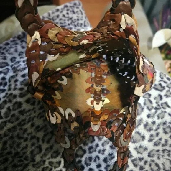 Vintage 70's | Slouchy Hippie Boho Leather Earthy Tones Chain Patchwork  Handbag - Picture 11 of 14